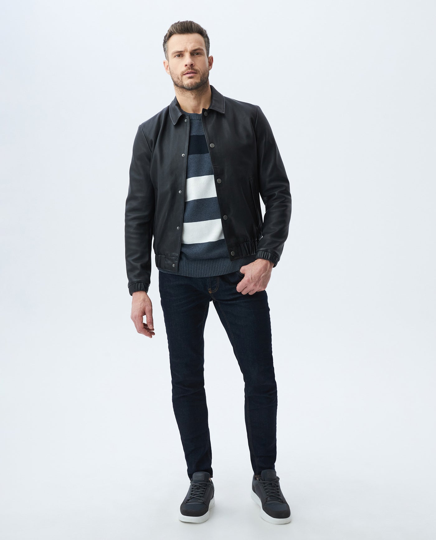 Men's Varsity Leather Jacket Lambskin Elastic Details - 2