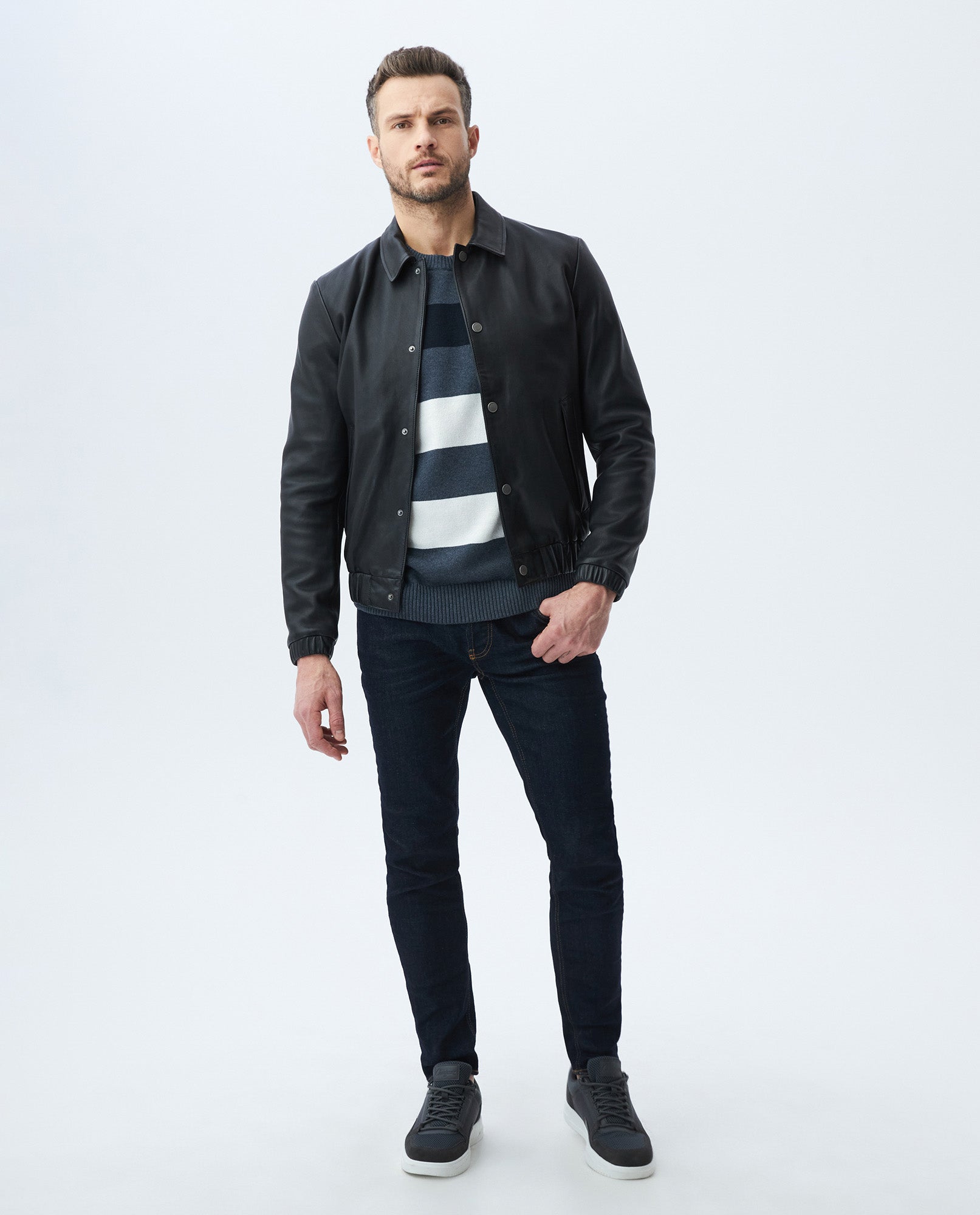Men's Varsity Leather Jacket Lambskin Elastic Details - 2