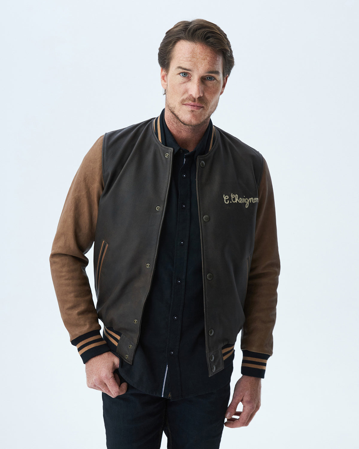 CENTURY 90 VARSITY LEATHER JACKET IN BROWN