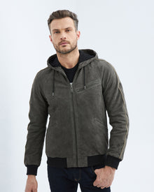 HOODED BOMBER SUEDE JACKET IN GRAY