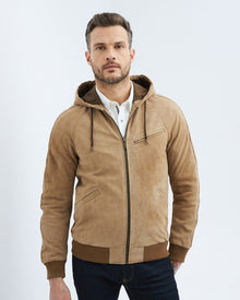 HOODED BOMBER SUEDE JACKET IN BROWN