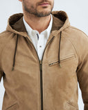 VESTE BOMBER À CAPUCHE EN DAIM MARRON