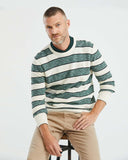 COTTON STRIPED ROUNDNECK SWEATER IN GREEN AND WHITE