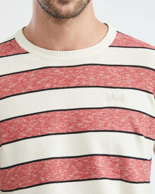 COTTON STRIPED ROUNDNECK SWEATER IN RED AND WHITE