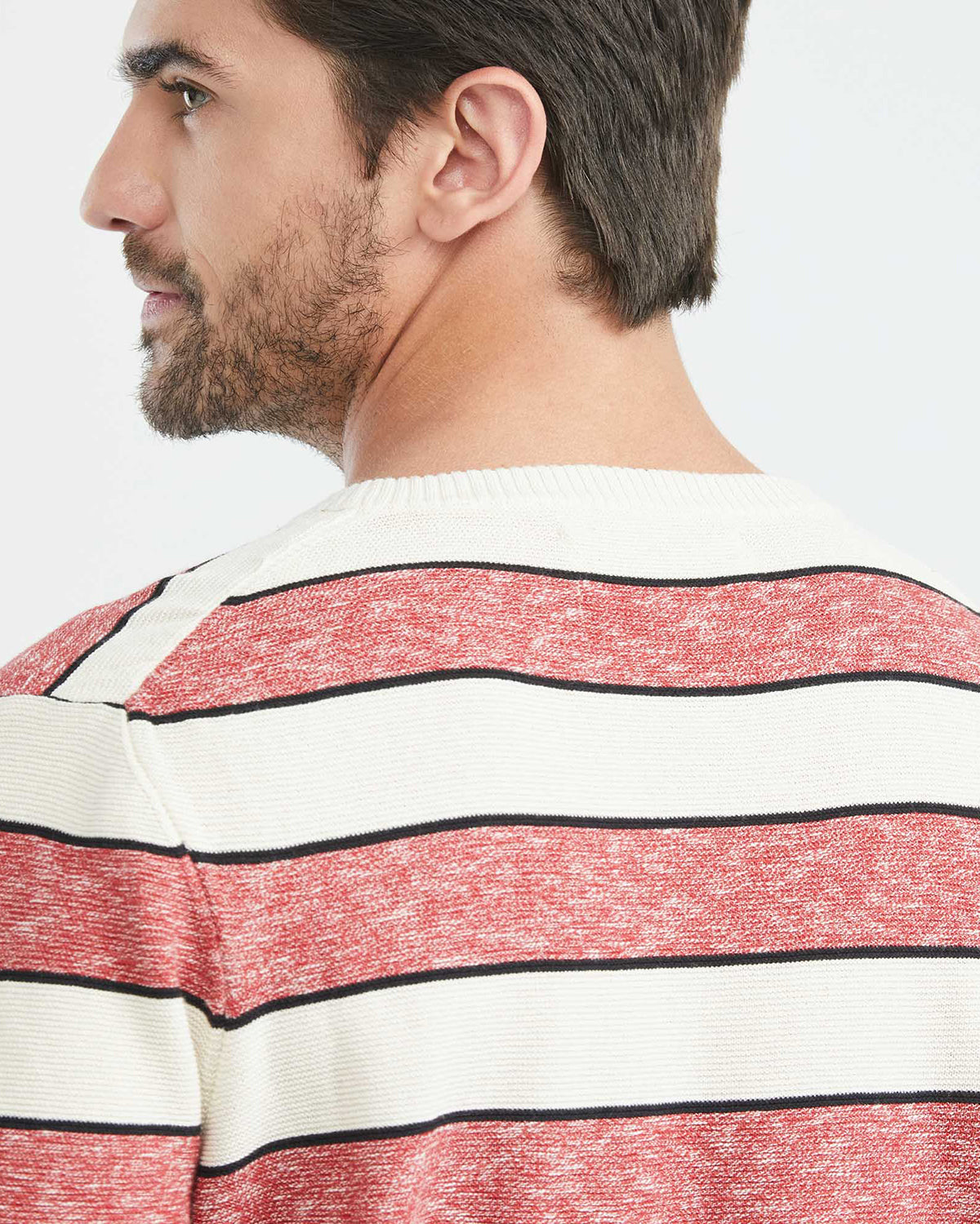 COTTON STRIPED ROUNDNECK SWEATER IN RED AND WHITE