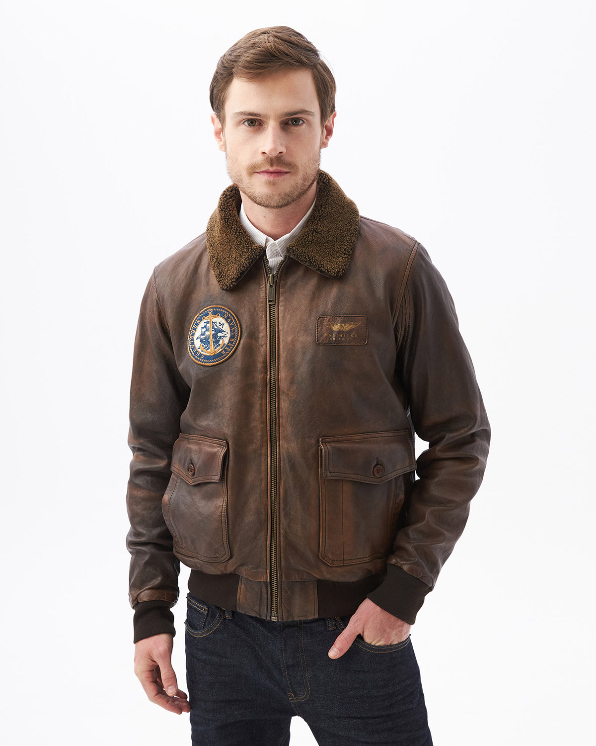 ICON AVIATOR BOMBER LEATHER JACKET IN BROWN – Chevignon US