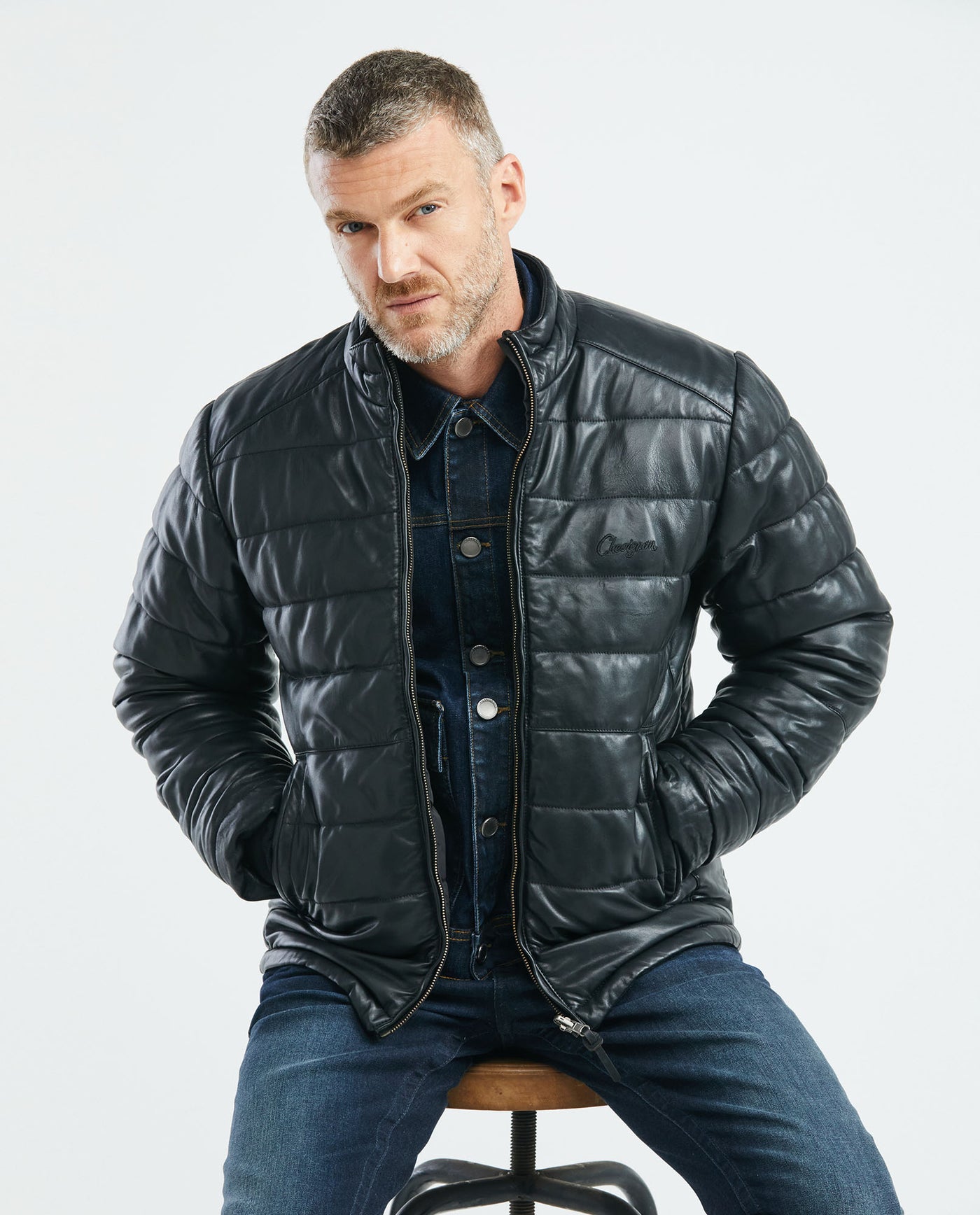 Men's Reversible Puffer Jacket Leather-Polyester Blend Double-Face - 1