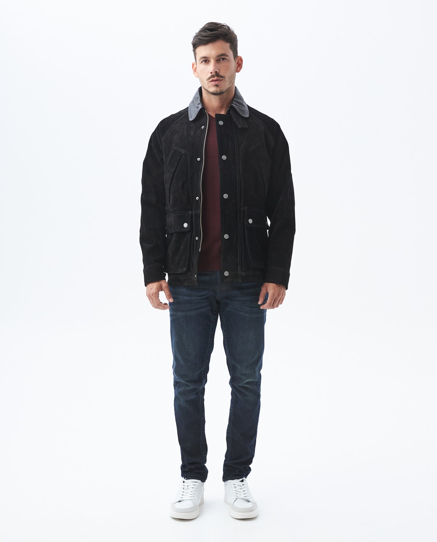 Men's Vintage Leather Jacket Contrast Collar Multiple Pockets - 1