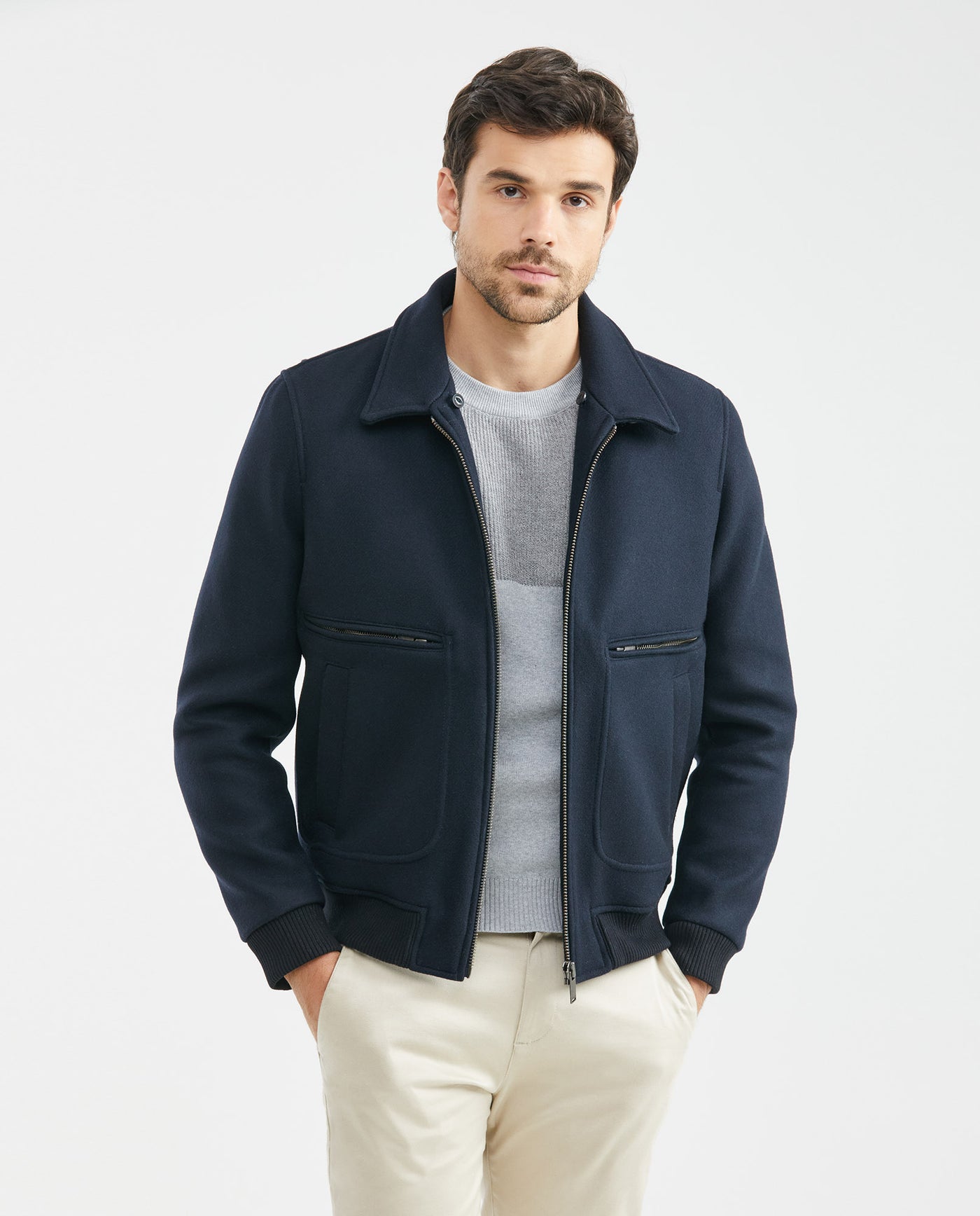 Mens Gyver Wool Trucker Jacket with Contrast Pile Collar in Wool-Polyamide - Blue 63_627E458_AZU194050_7