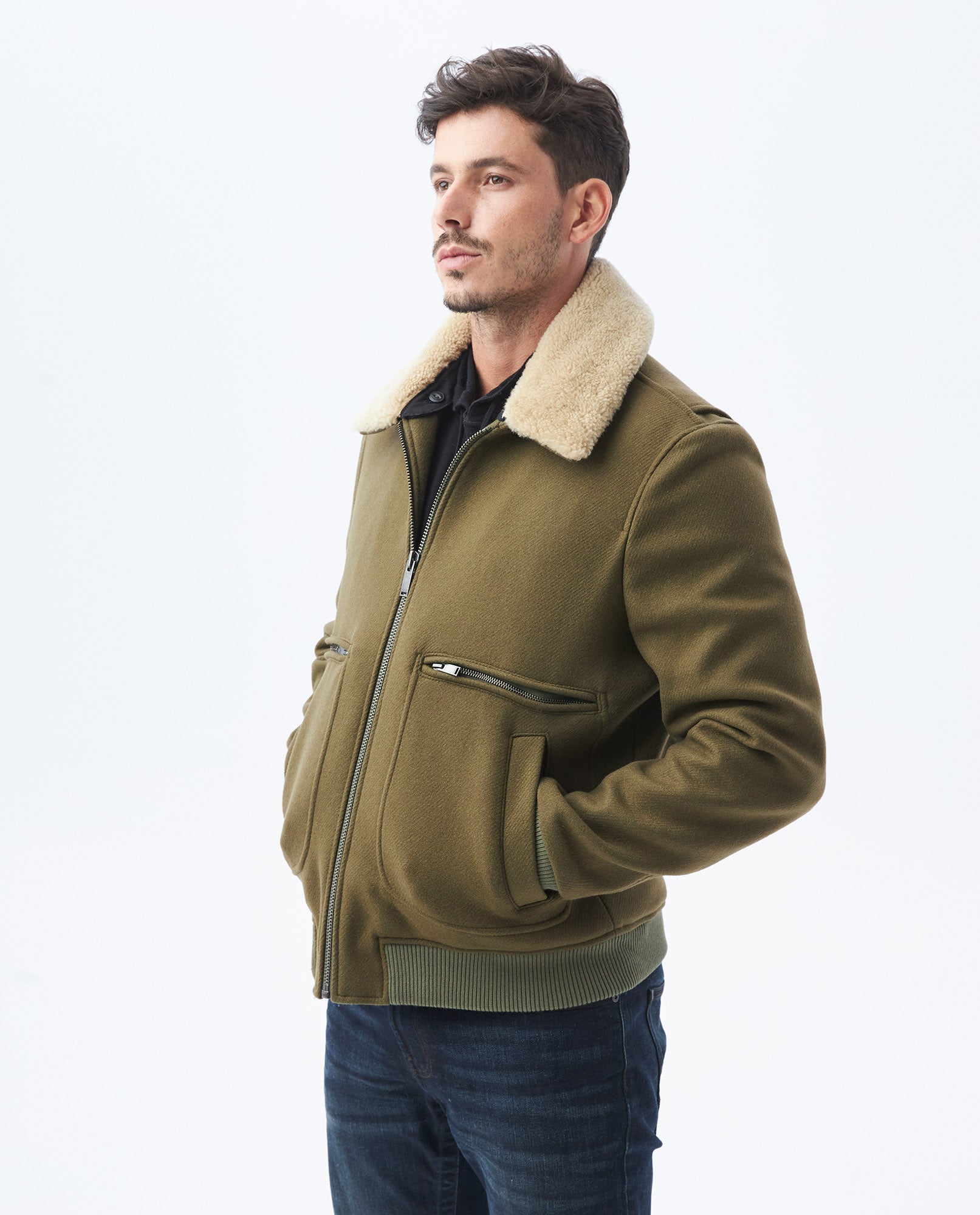 Mens Gyver Wool Trucker Jacket with Contrast Pile Collar in Wool-Polyamide - Khaki 63_627E458_CAQ150309_4