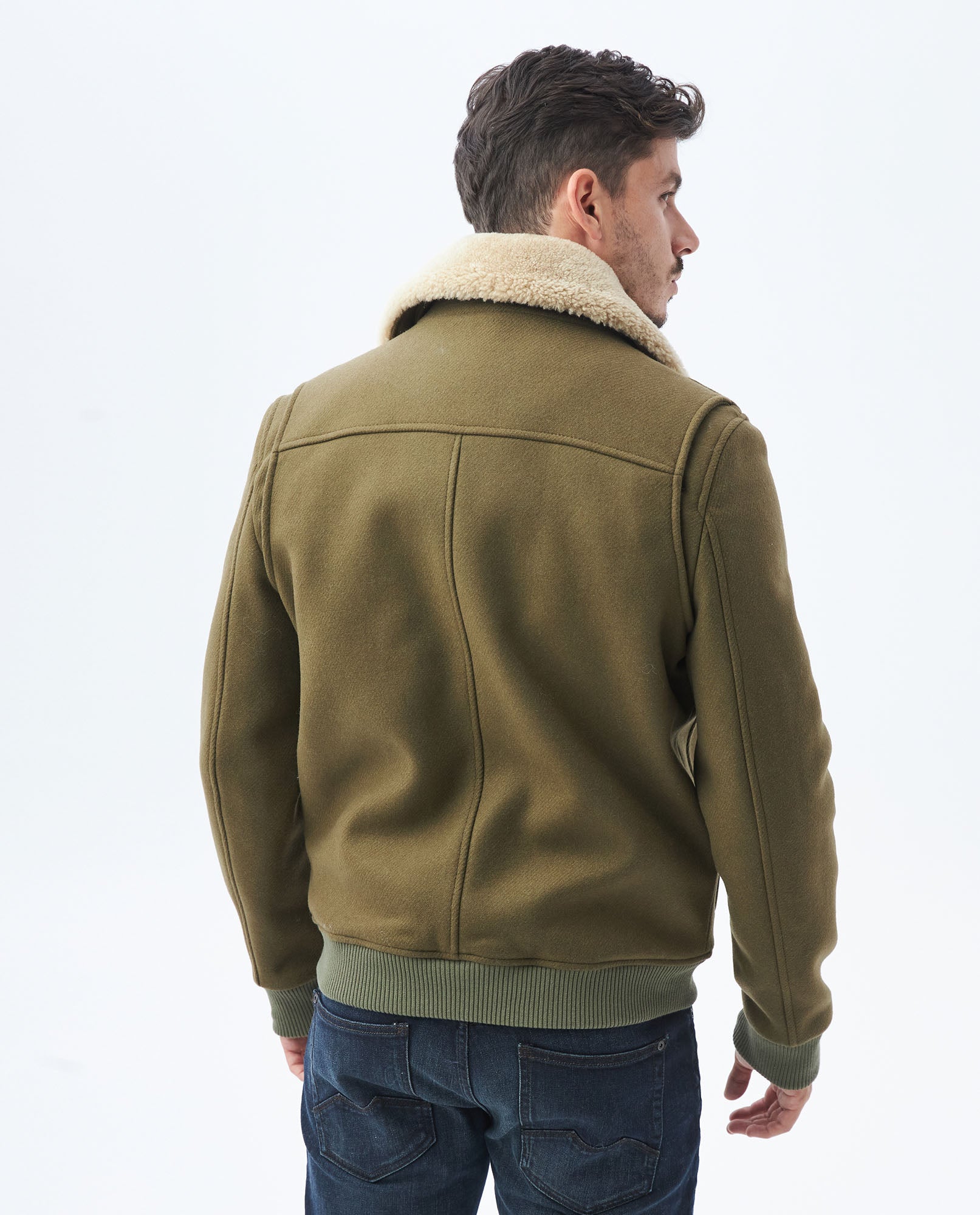 Mens Gyver Wool Trucker Jacket with Contrast Pile Collar in Wool-Polyamide - Khaki 63_627E458_CAQ150309_5