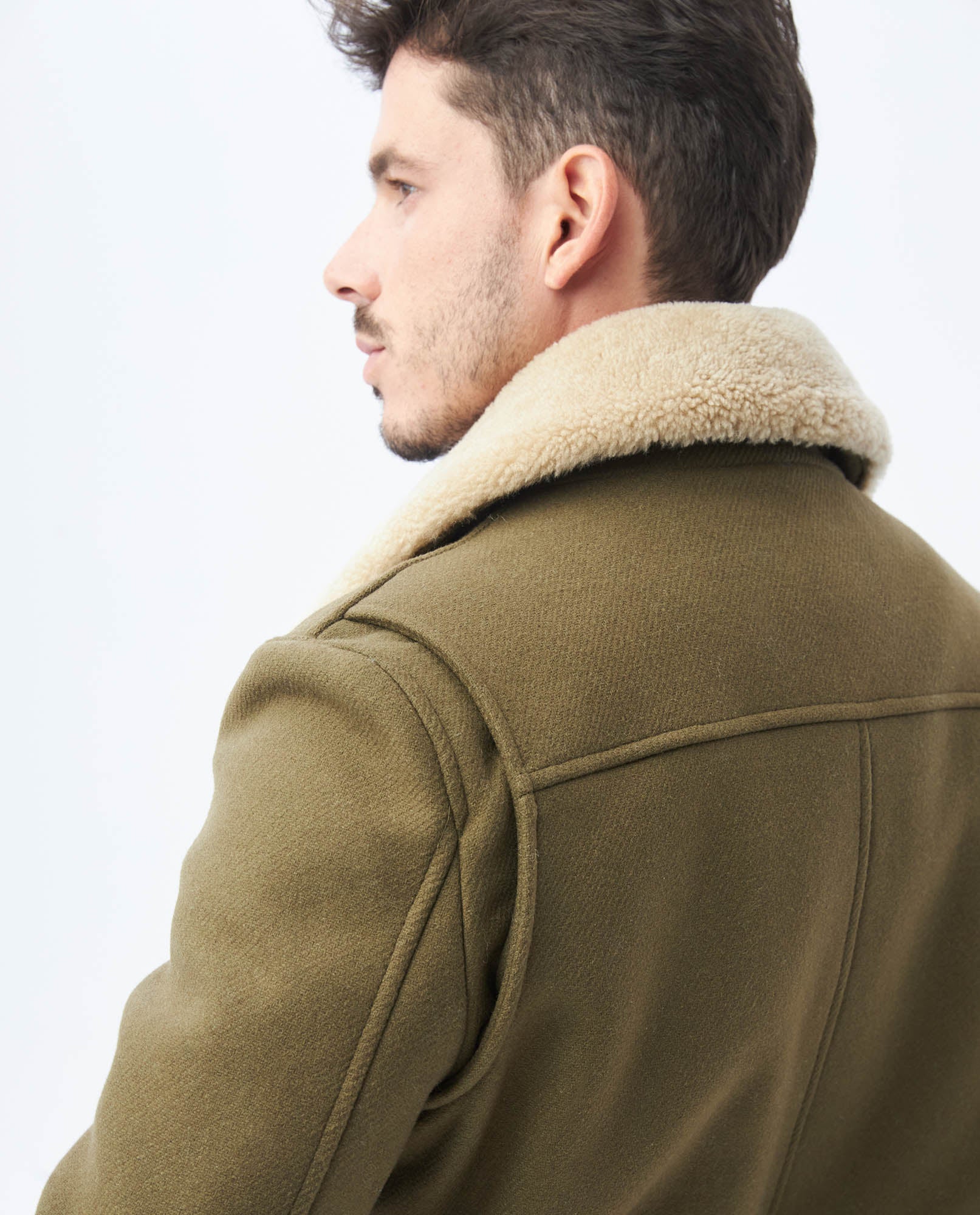 Mens Gyver Wool Trucker Jacket with Contrast Pile Collar in Wool-Polyamide - Khaki 63_627E458_CAQ150309_6