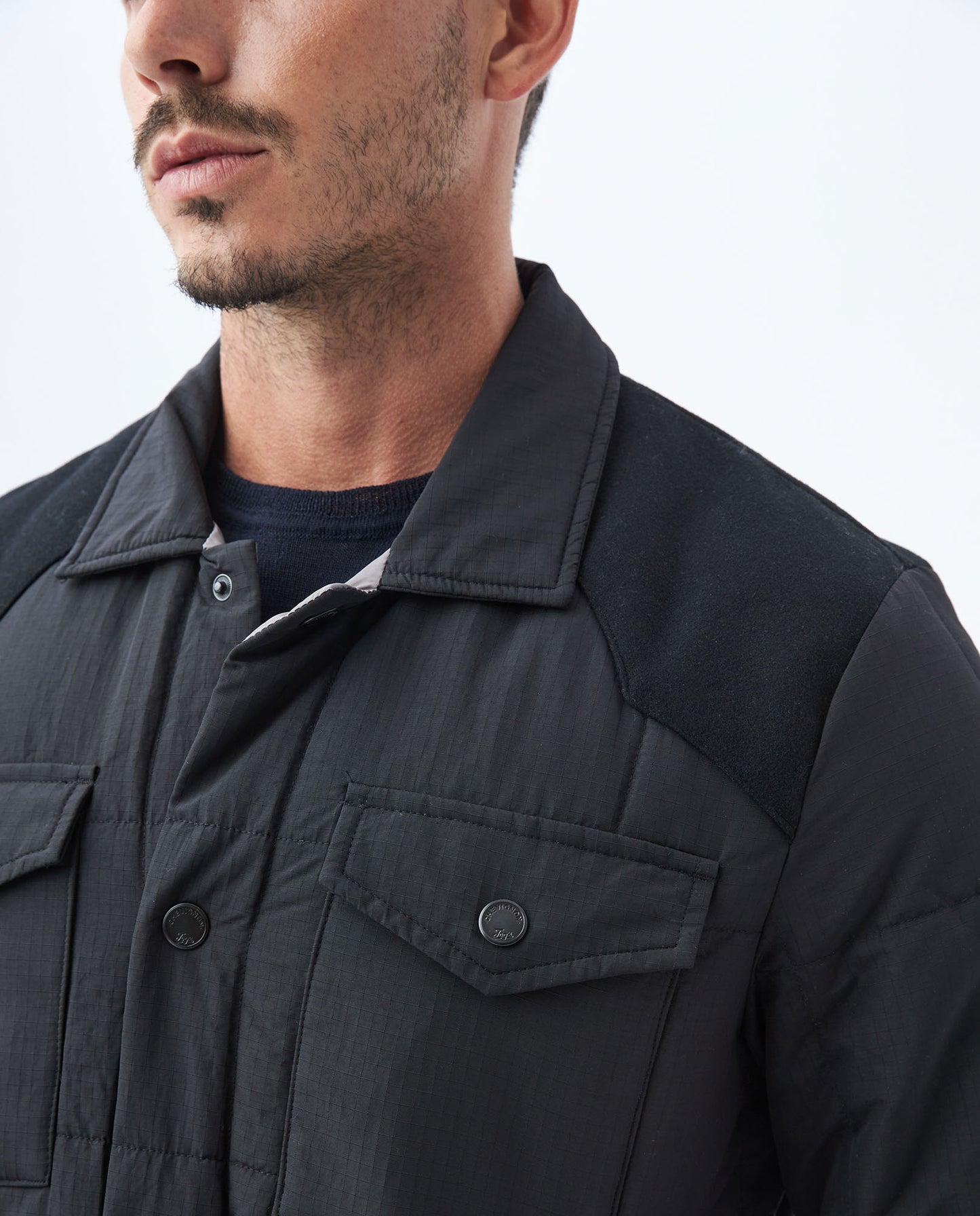 Men's Quilted Trucker Jacket in Polyester Panel Construction - Black - 3