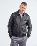 Men's Oversize Lambskin Jacket Polo Collar Ribbed Studded Pockets - 1