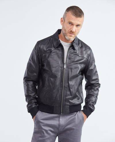 Men's Oversize Lambskin Jacket Polo Collar Ribbed Studded Pockets - 1