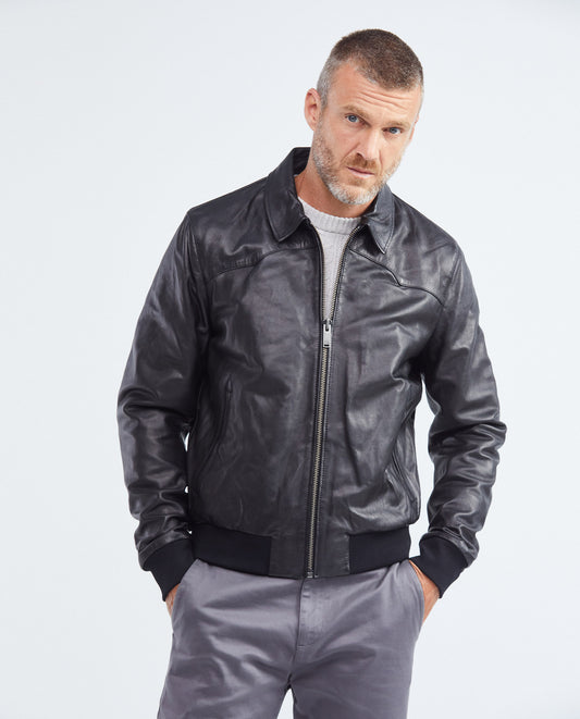 Men's Oversize Lambskin Jacket Polo Collar Ribbed Studded Pockets - 1
