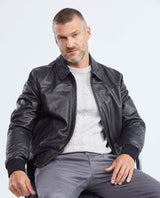 Men's Oversize Lambskin Jacket Polo Collar Ribbed Studded Pockets - 7