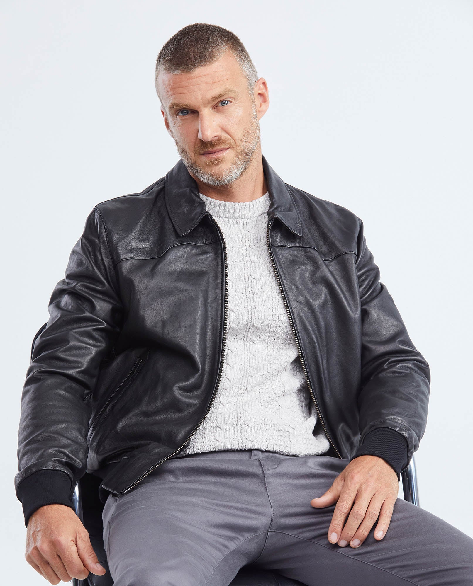 Men's Oversize Lambskin Jacket Polo Collar Ribbed Studded Pockets - 7