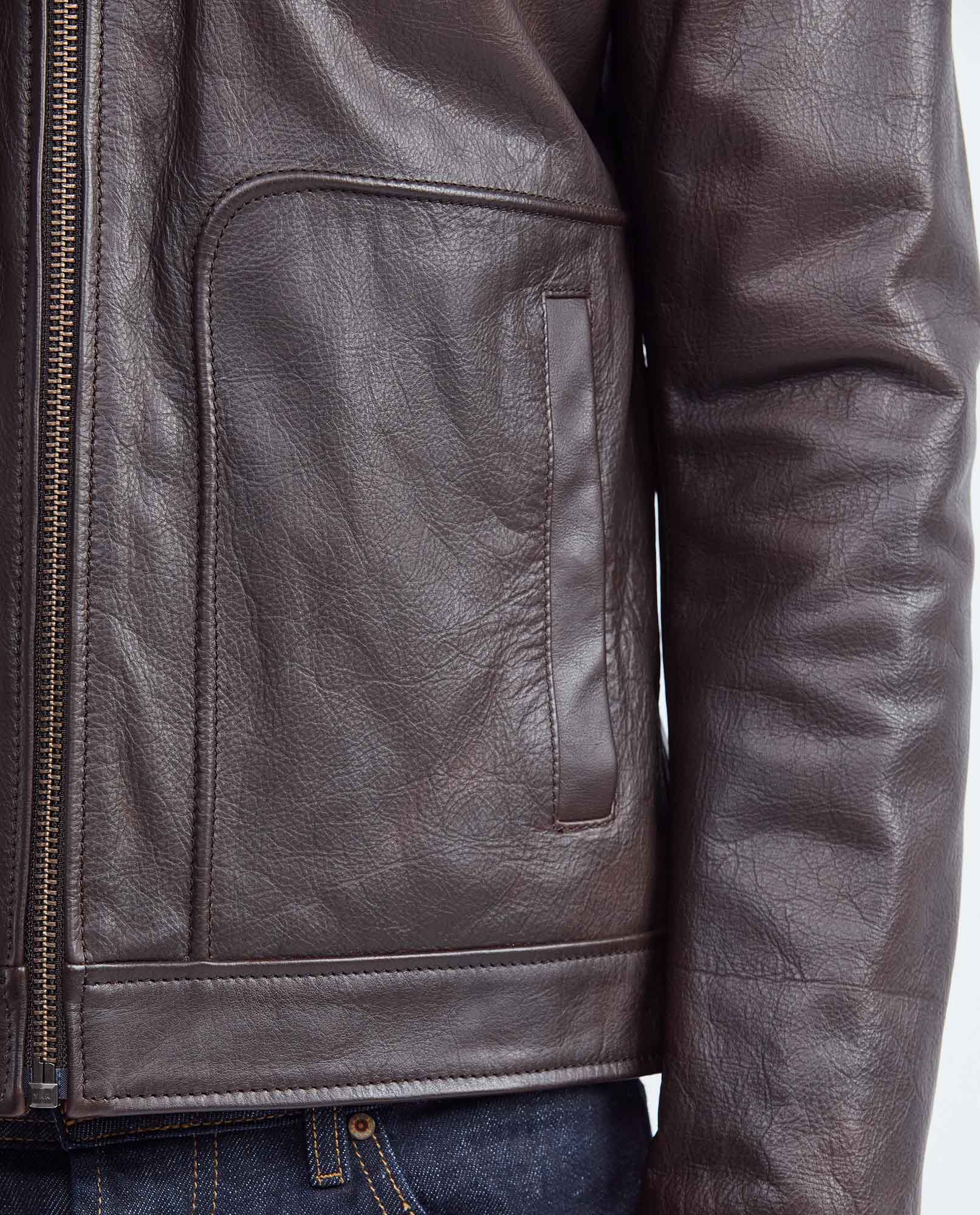 Men's Calfskin Jacket Polo Collar Chest Zipper Pocket Pleated Lining  - 4