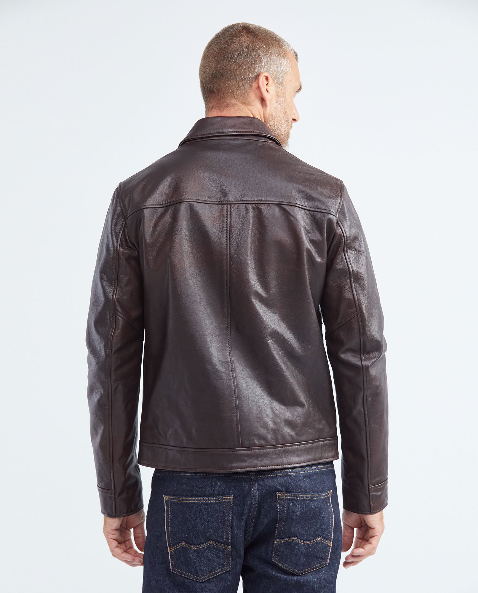 Men's Calfskin Jacket Polo Collar Chest Zipper Pocket Pleated Lining  - 5