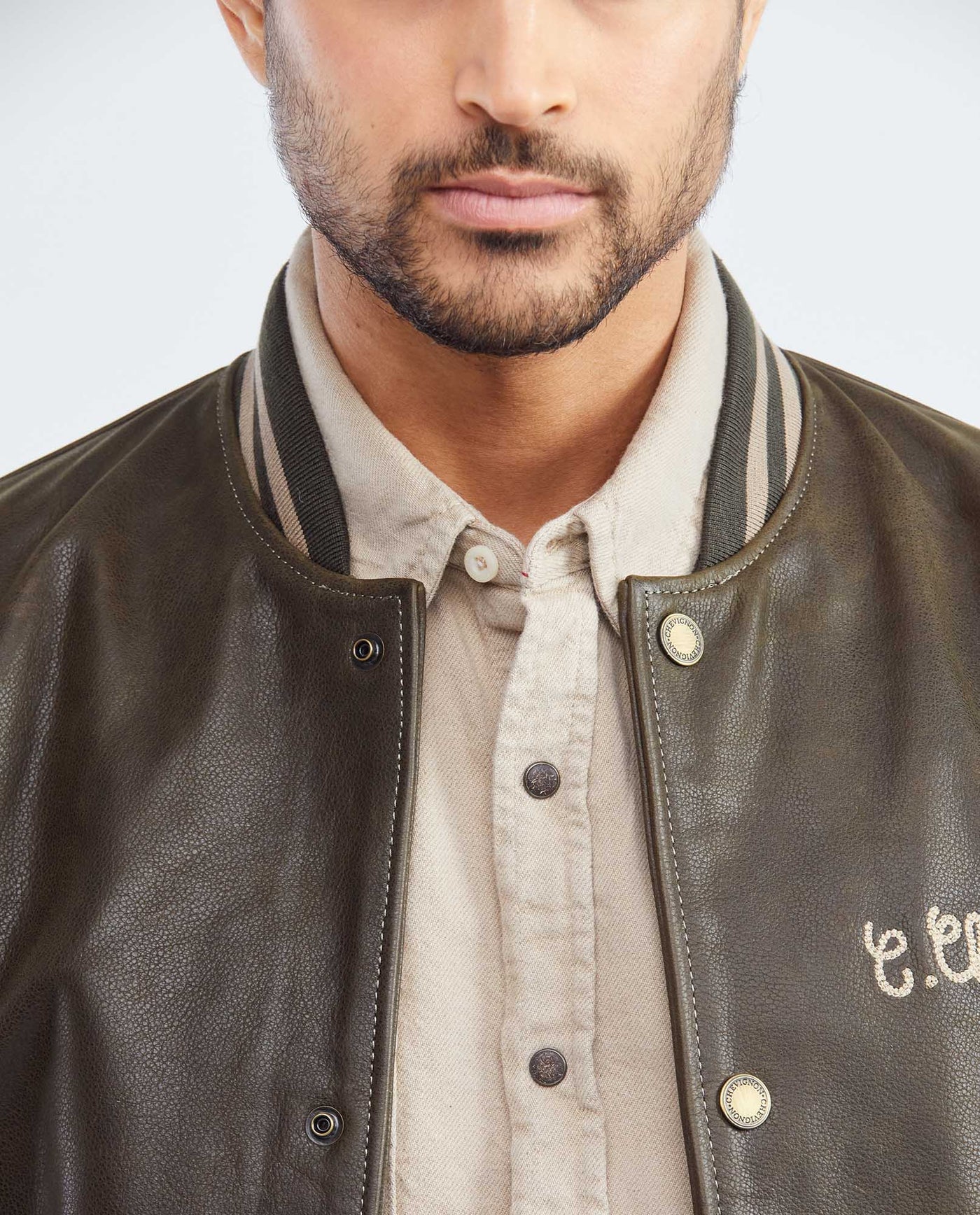 Men's Embroidered Calfskin Jacket Oversize Ribbed - 3