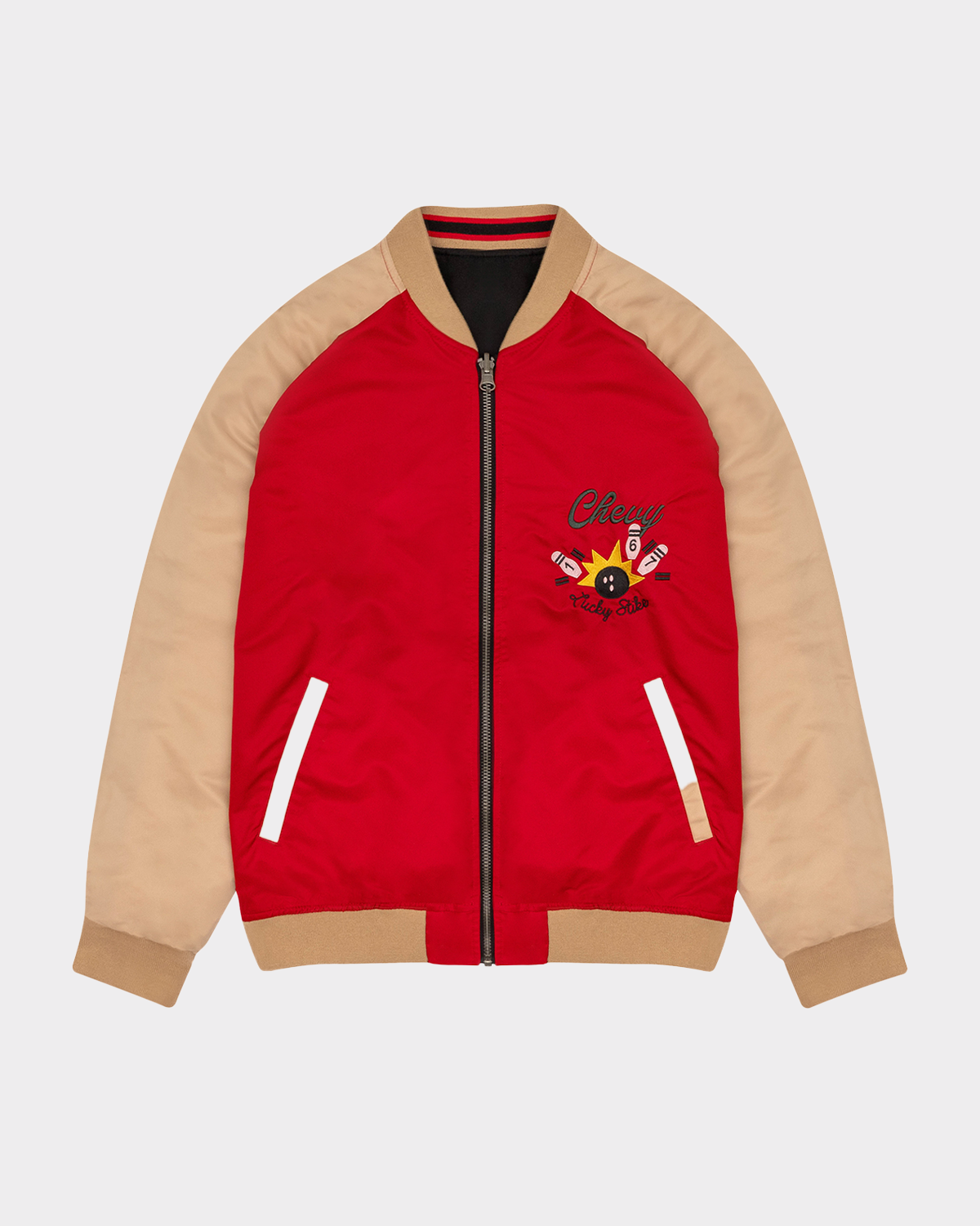 CHAQUETA TEDDY SOUVENIR EN NEGRO Y ROJO