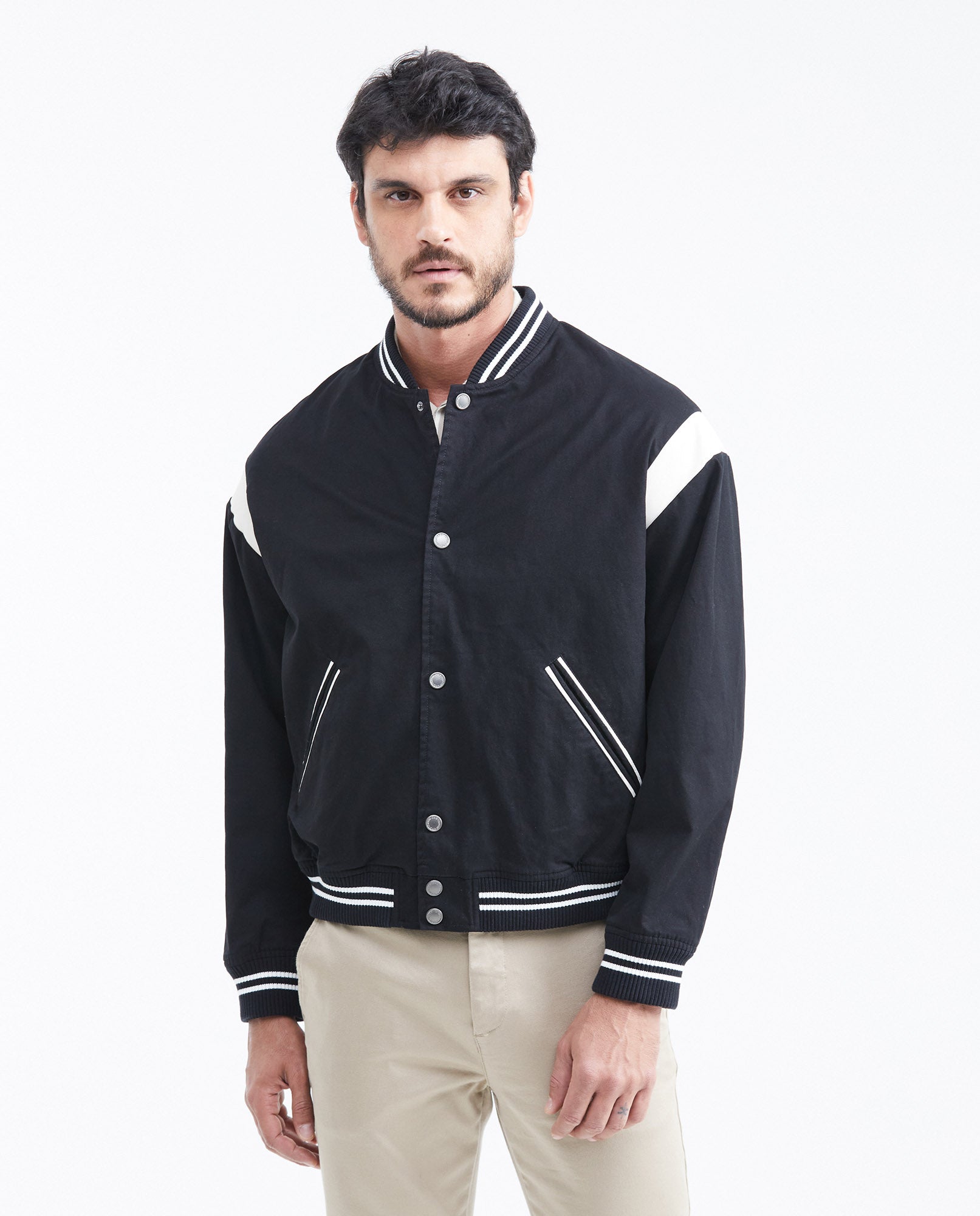 Men's Bomber Jacket Piped Pockets Contrast Armhole Ribbed in Cotton - 1