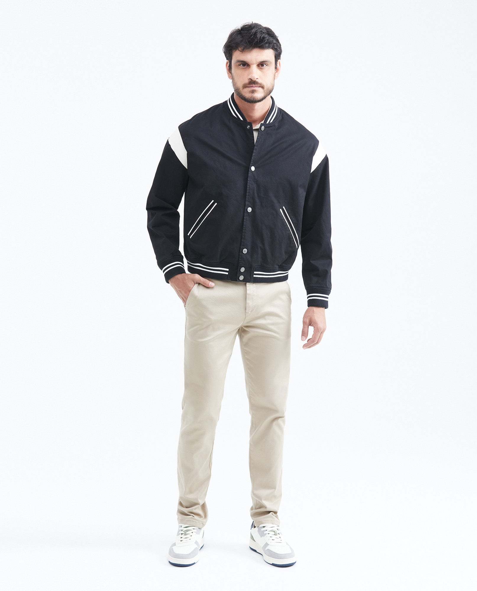 Men's Bomber Jacket Piped Pockets Contrast Armhole Ribbed in Cotton - 2