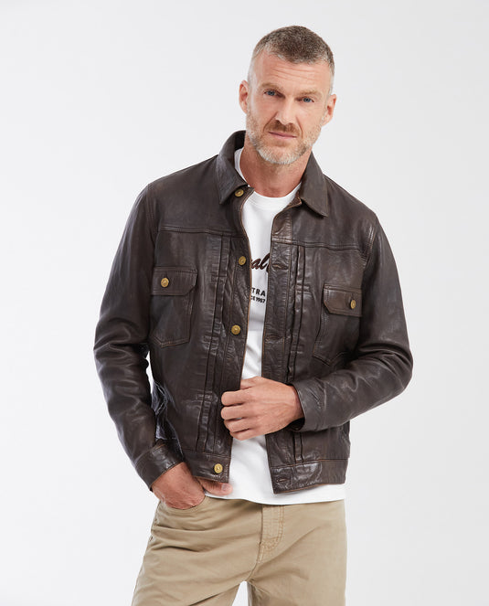 Men's Trucker Jacket Lambskin Chocolate Brown - 1