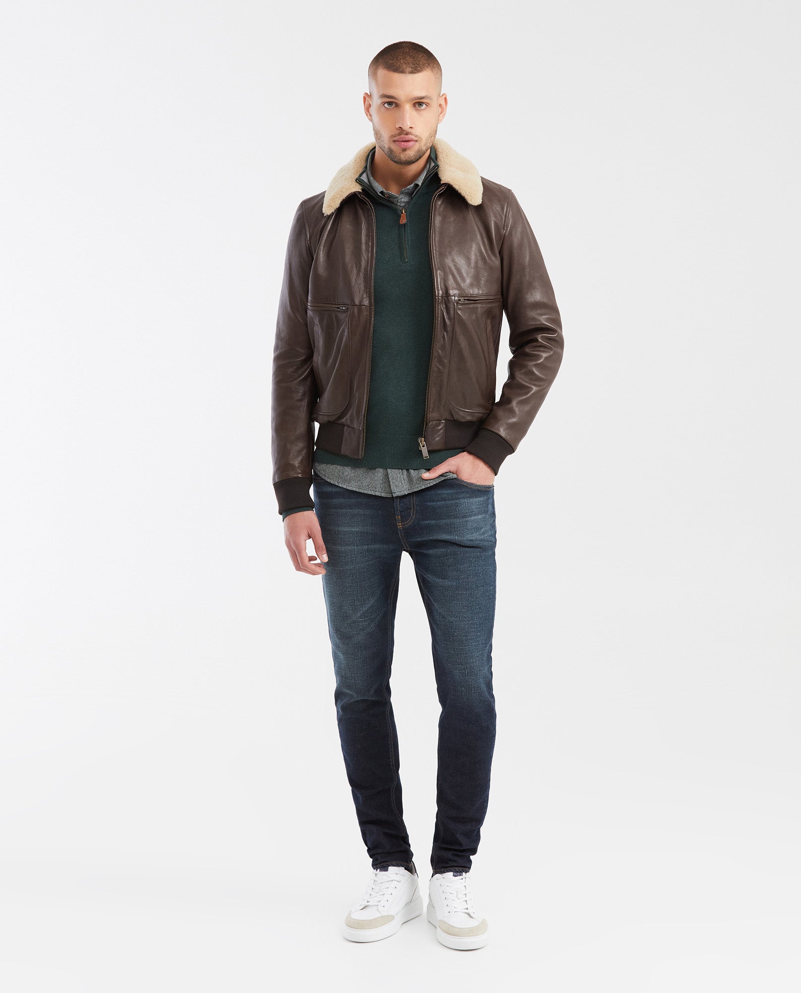 Men's Aviator Biker Jacket Removable Sherpa Collar - 2