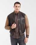 Men's Contrast Sleeve Bomber Jacket Lambskin Embroidered - 1