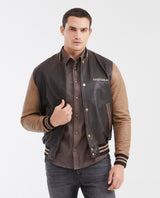 Men's Contrast Sleeve Bomber Jacket Lambskin Embroidered - 1