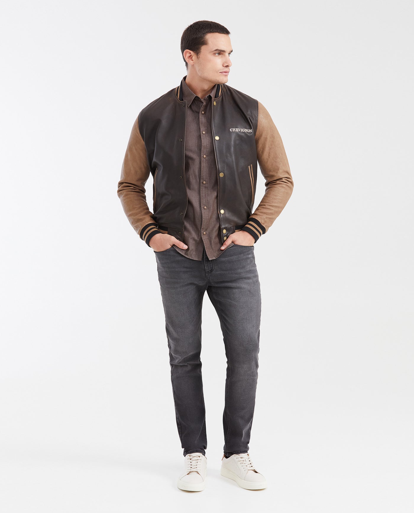 Men's Contrast Sleeve Bomber Jacket Lambskin Embroidered - 2