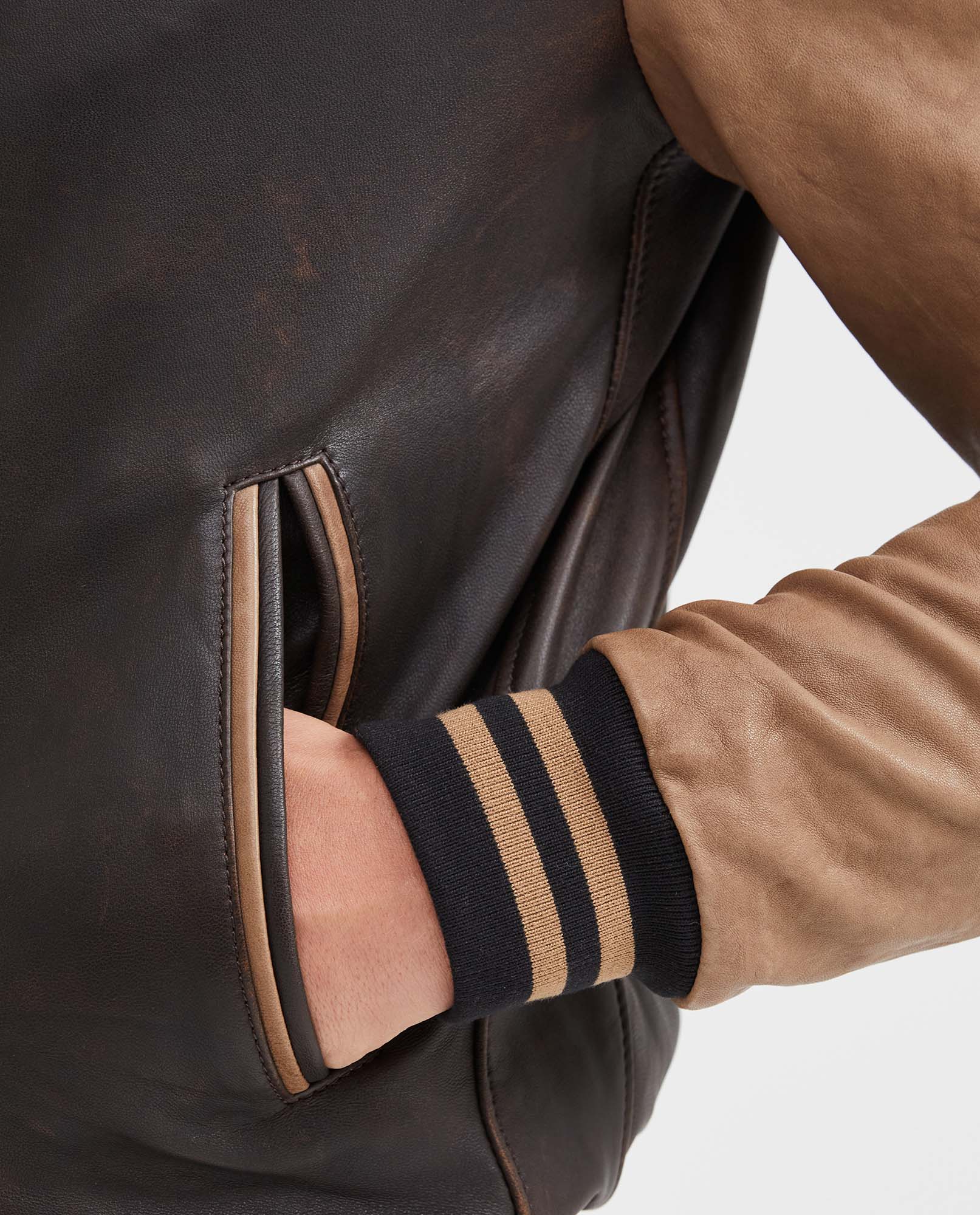 Men's Contrast Sleeve Bomber Jacket Lambskin Embroidered - 4