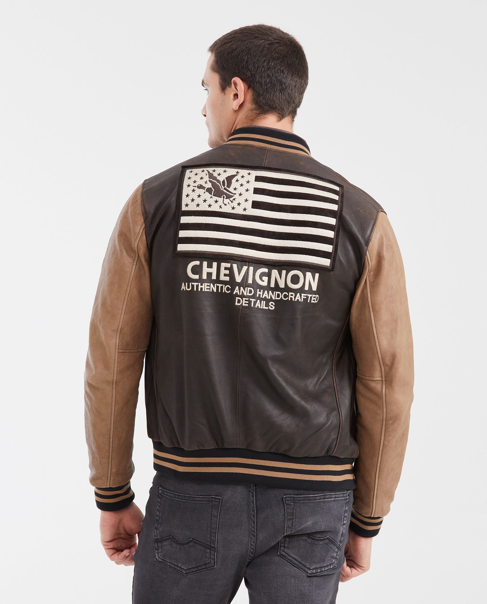 Men's Contrast Sleeve Bomber Jacket Lambskin Embroidered - 6