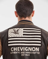 Men's Contrast Sleeve Bomber Jacket Lambskin Embroidered - 7