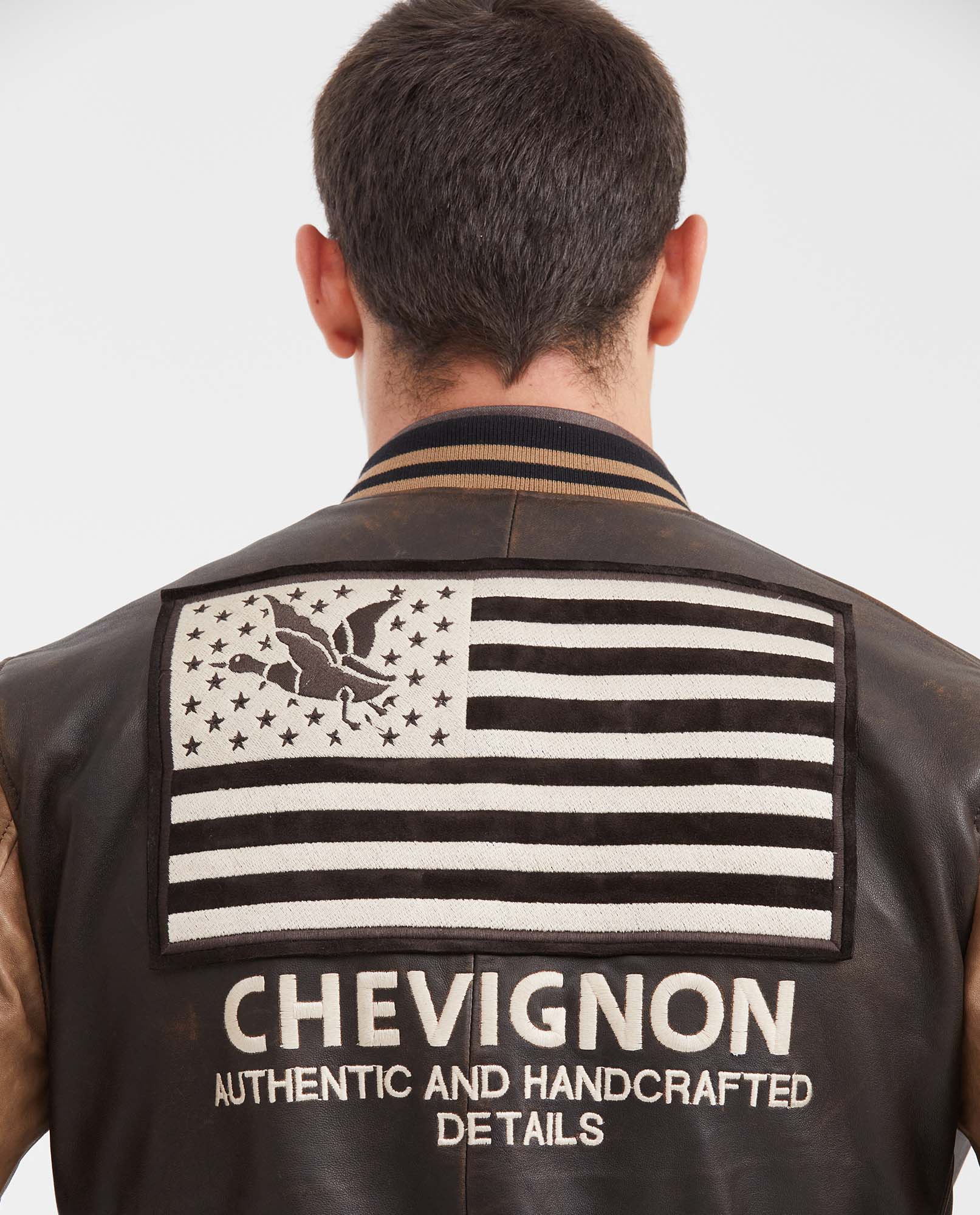 Men's Contrast Sleeve Bomber Jacket Lambskin Embroidered - 7