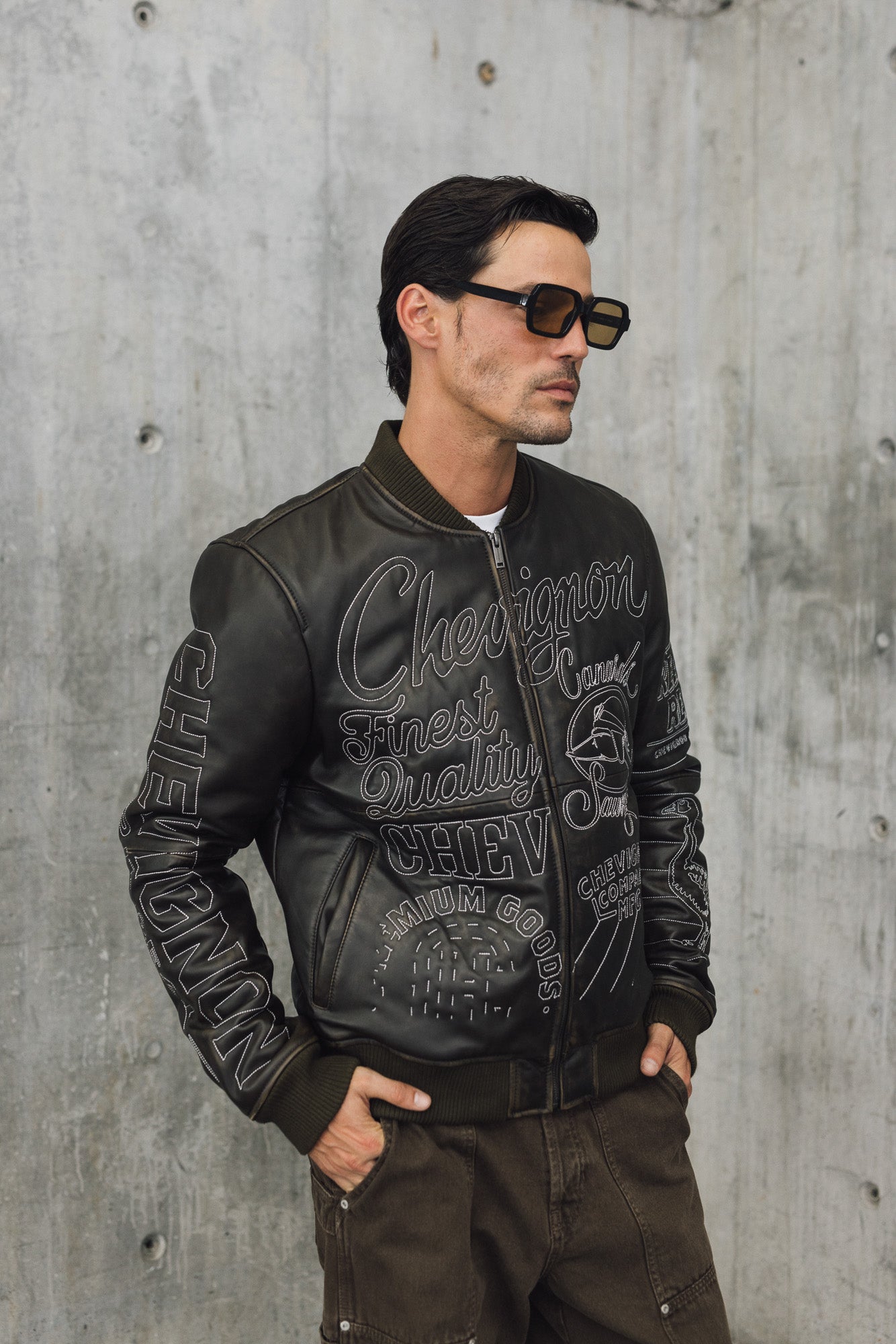 Mens Embroidered Sheepskin Leather Bomber Jacket - Special Collection - Brown 63_627H504_CAF191101_0