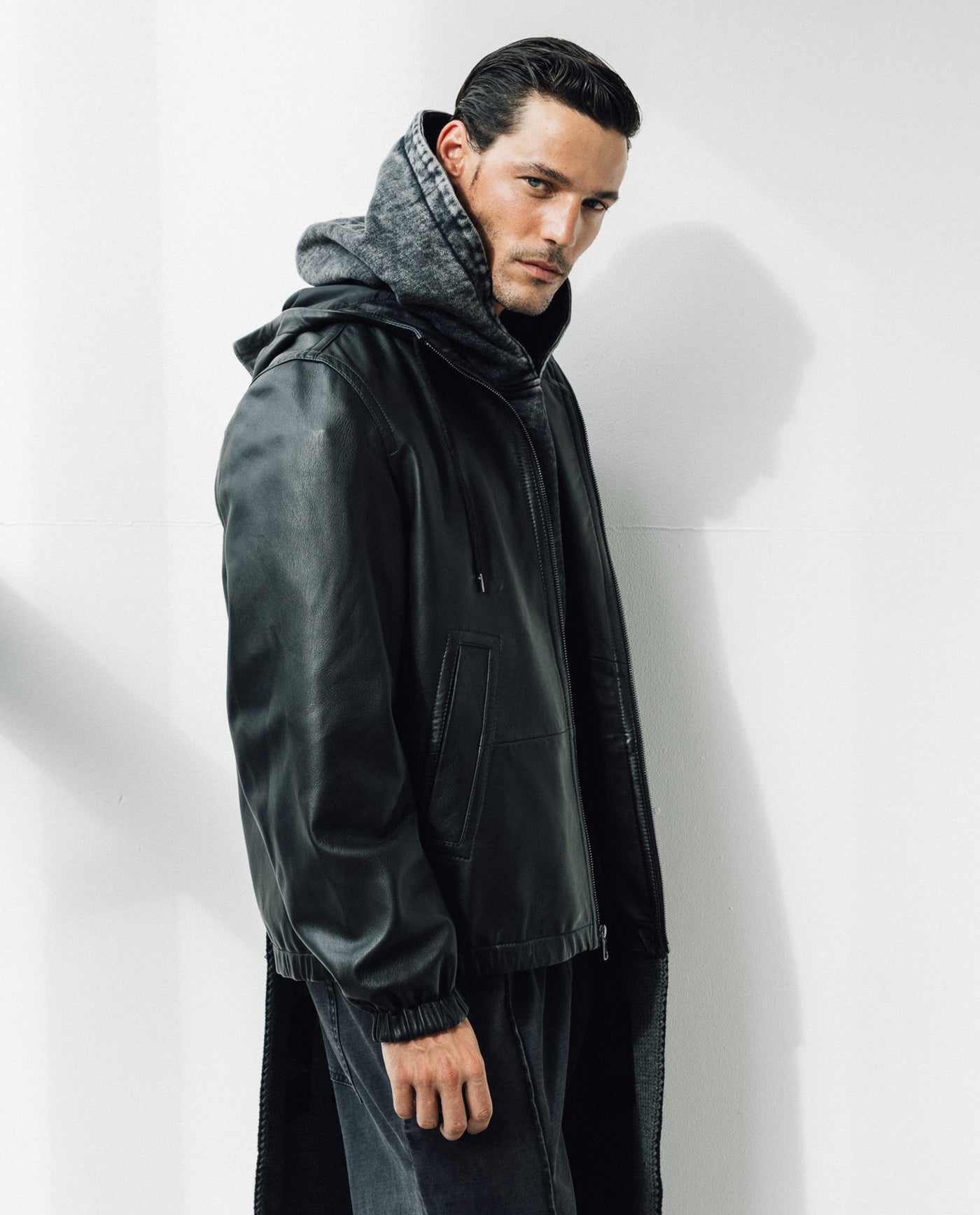 Mens Sheepskin Leather Hooded Bomber Jacket - Special Collection - Black 63_627H508_NEG194007_3
