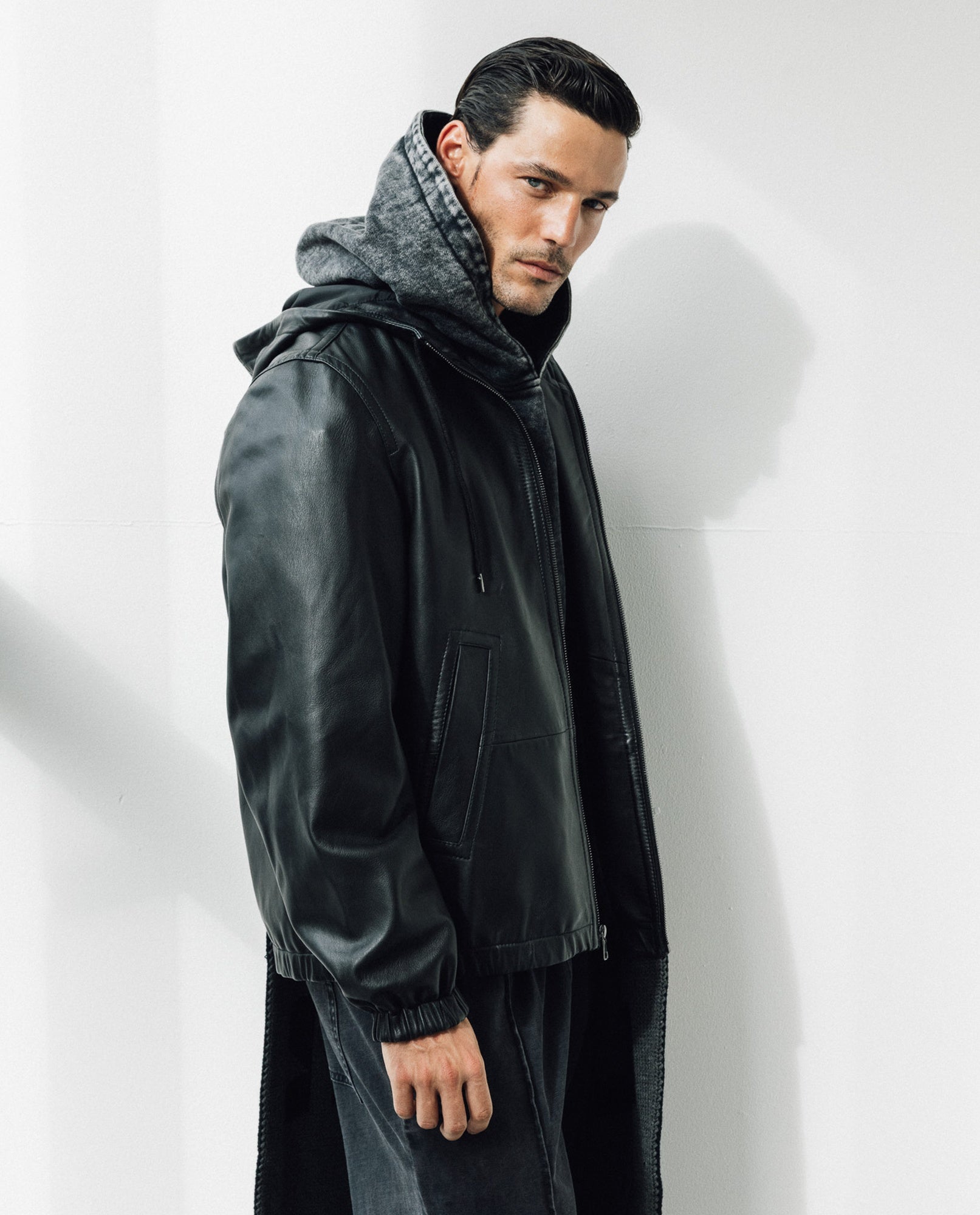 Mens Sheepskin Leather Hooded Bomber Jacket - Special Collection - Black 63_627H508_NEG194007_3