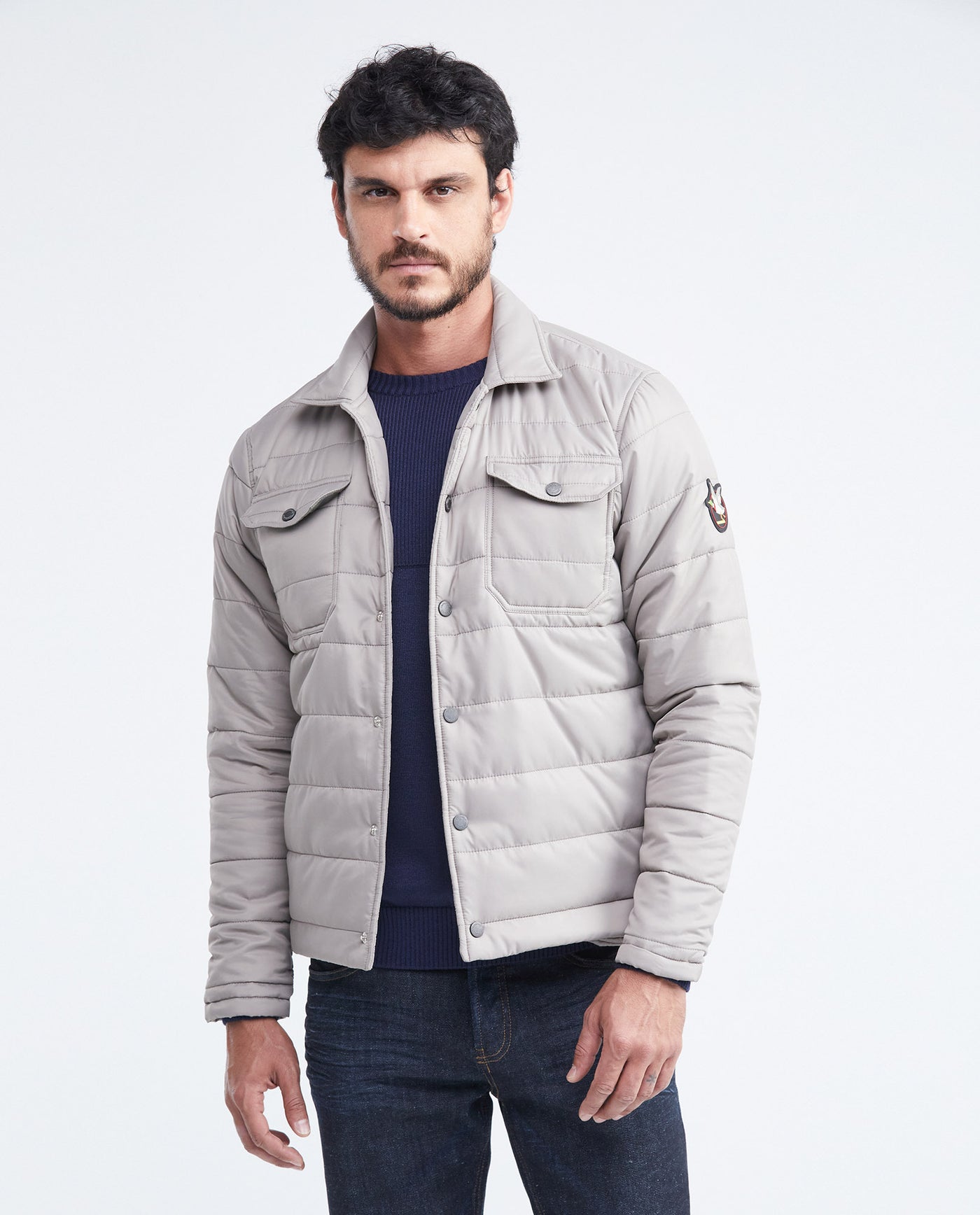 Men's Quilted Jacket Camo Lining Sleeve Embroidered Appliqué in Nylon - 1