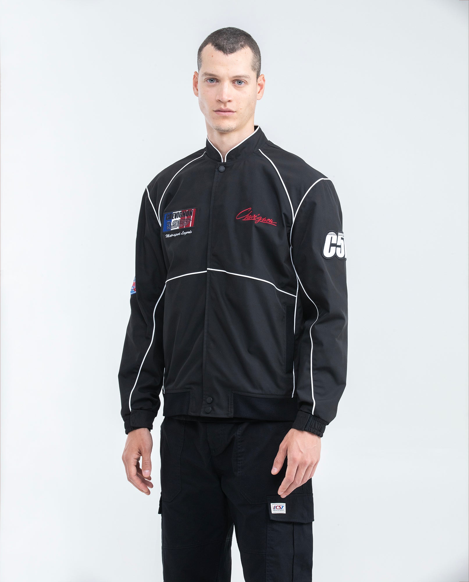 Men's Racing Jacket Graphics Contrast Piping Ribbed White Collar Detai ...