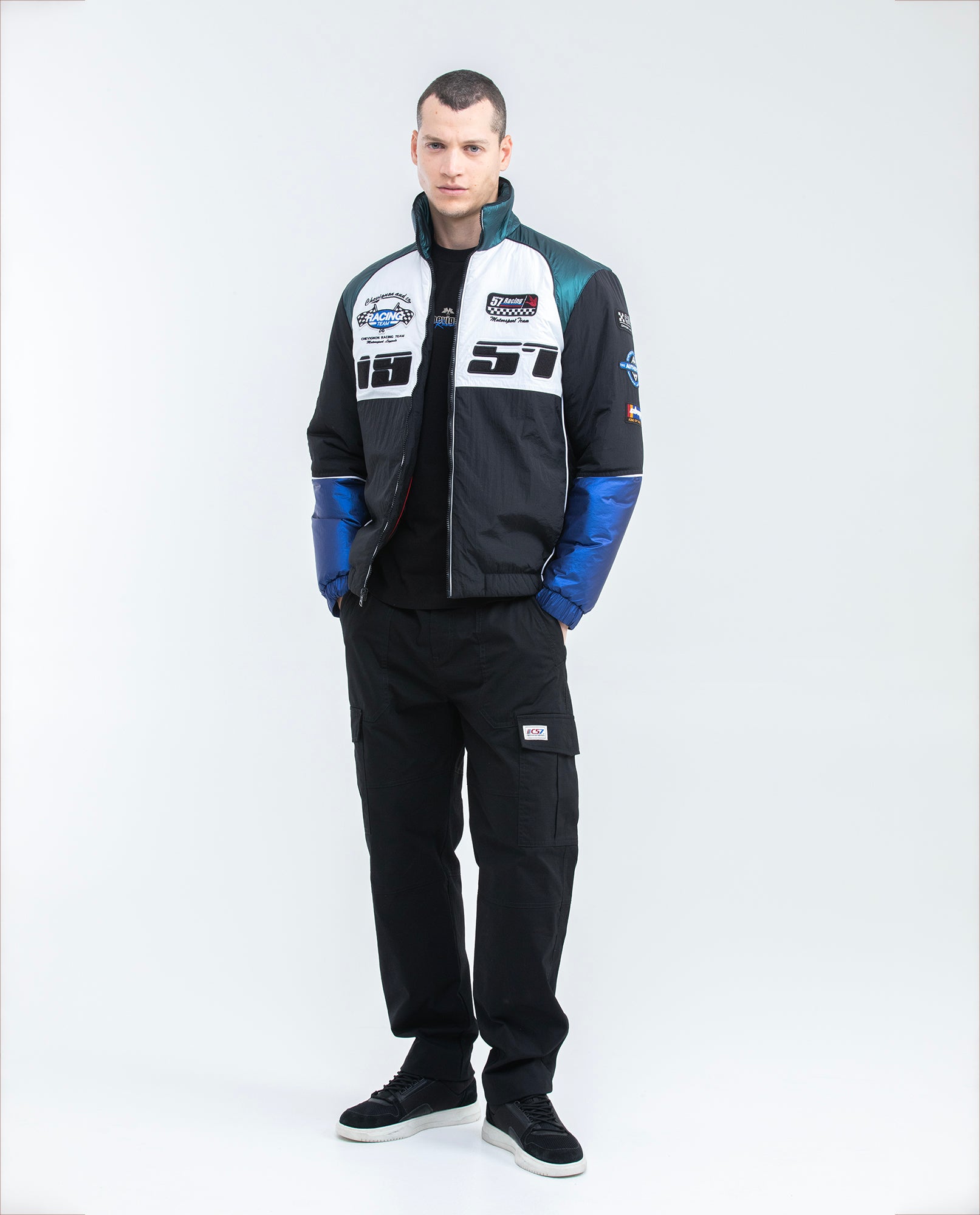 Men's Racing Jacket Graphics High Collar Elastic Contrast Piping in Nylon - 2