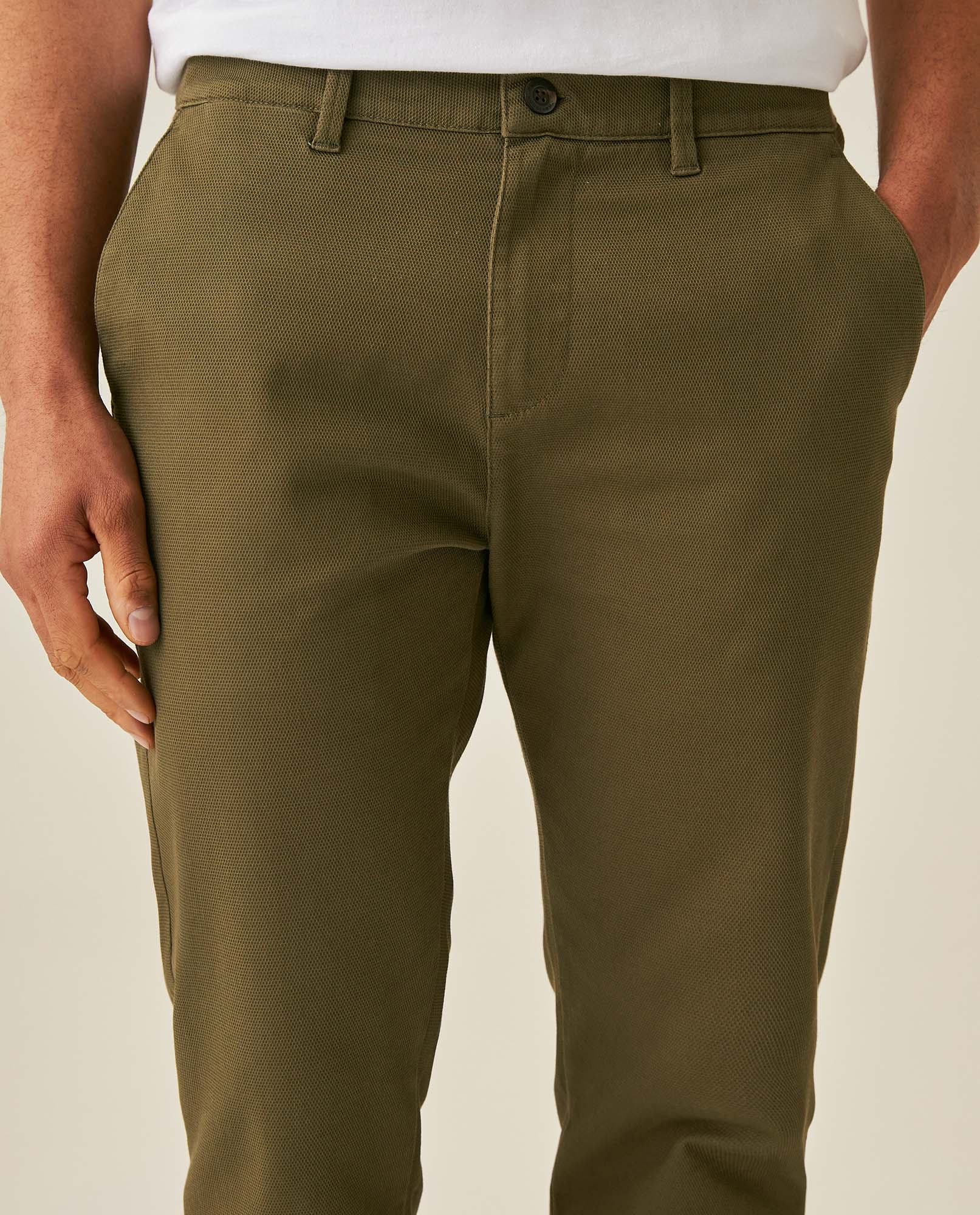 Mens Chino Pants Regular Fit Cotton Elastane Micro Piqué Structure Printed Duck Lining Exposed Button Piping - Green 63_631H002_VER190414_5