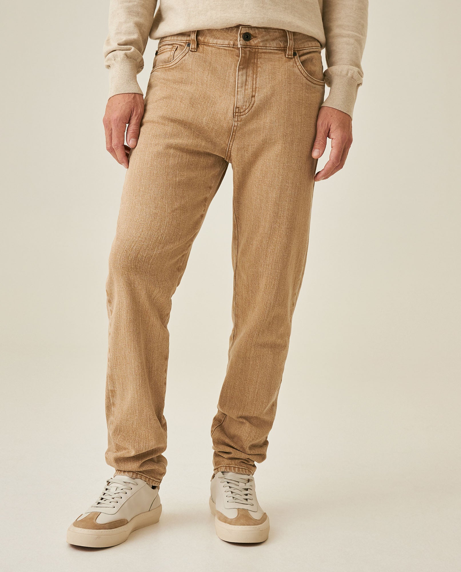 Mens Pants 5 Pocket Mid Rise Cotton Elastane Special Wash Reserved Areas Marked Diagonal Patch Pockets - Beige 63_631H003_BEI140002_0