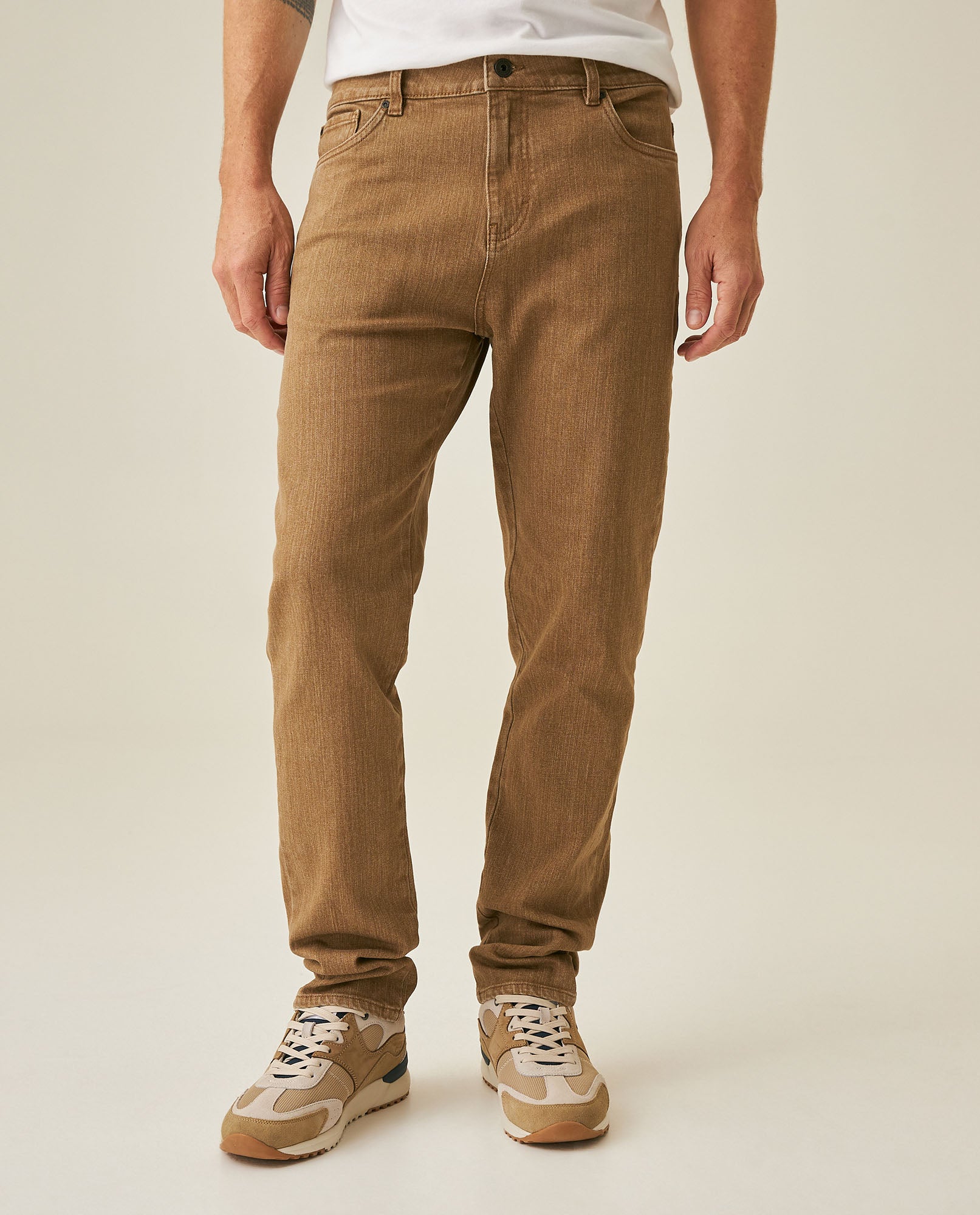 Mens Pants 5 Pocket Mid Rise Cotton Elastane Special Wash Reserved Areas Marked Diagonal Patch Pockets - Brown 63_631H003_CAF171314_0