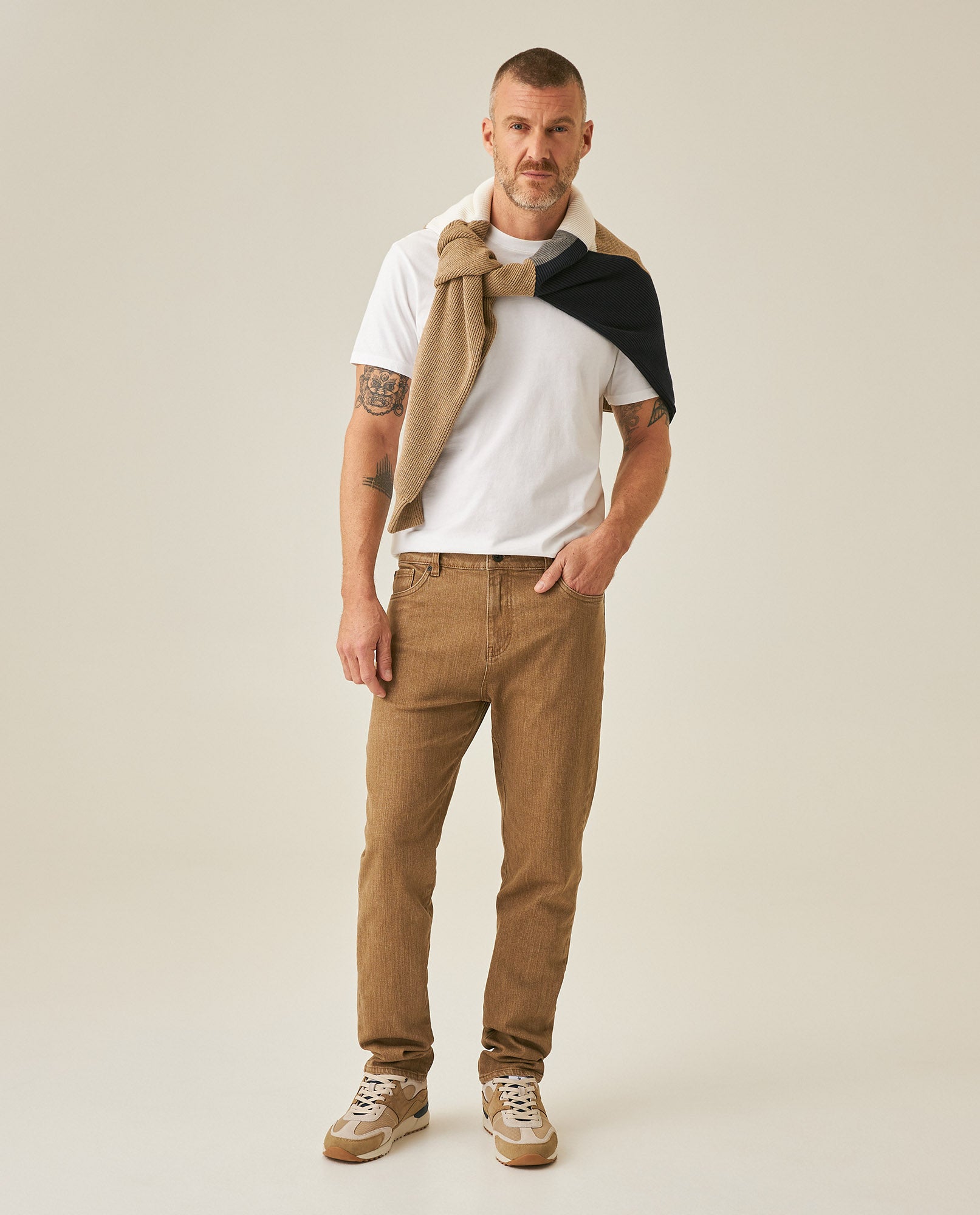 Mens Pants 5 Pocket Mid Rise Cotton Elastane Special Wash Reserved Areas Marked Diagonal Patch Pockets - Brown 63_631H003_CAF171314_4