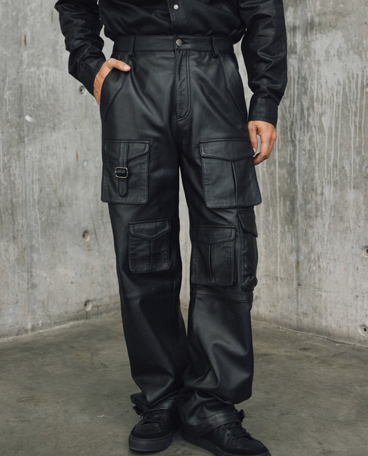 Mens Lambskin Leather Seven-Pocket Cargo Pants - Special Collection - Black 63_637H500_NEG194007_3