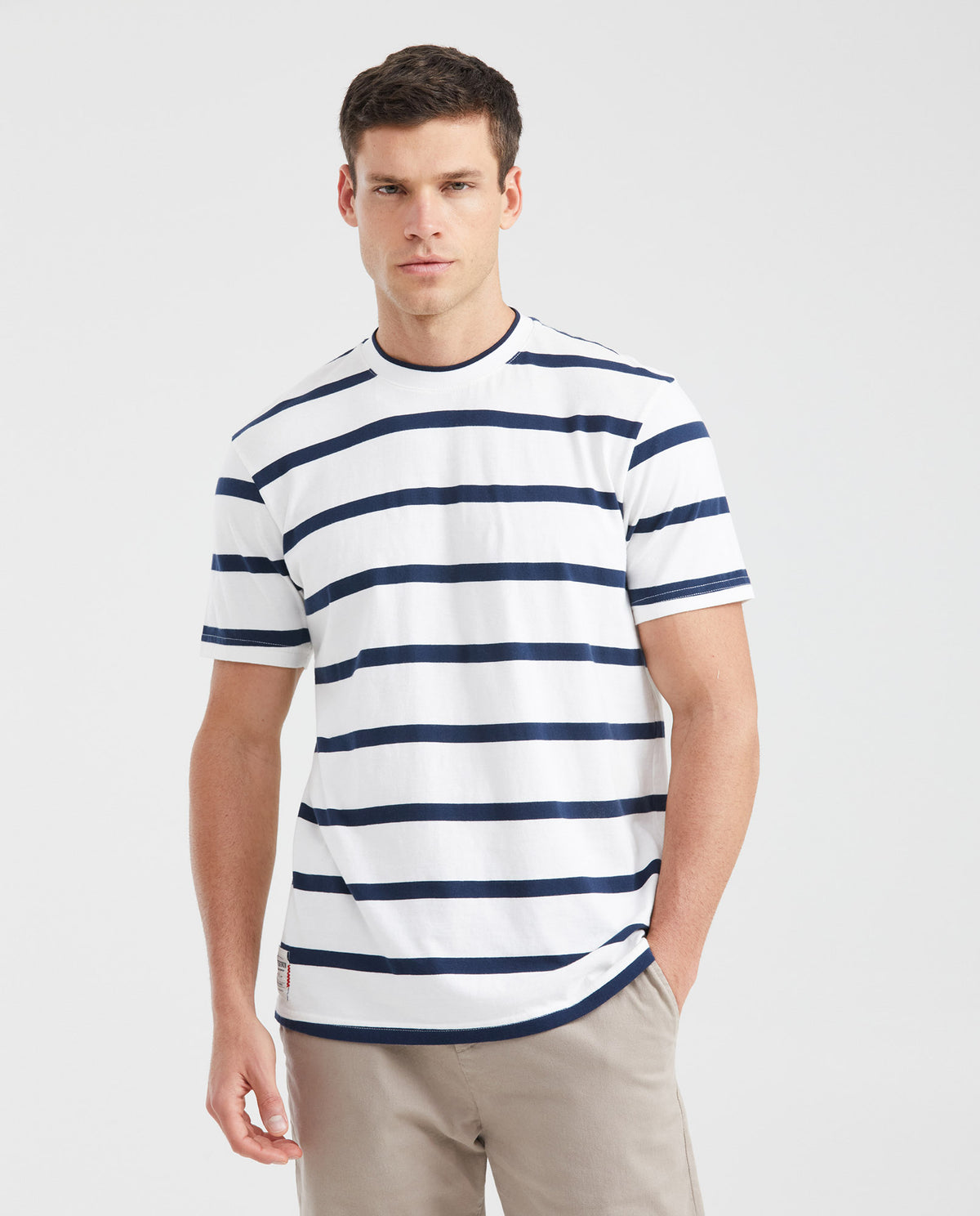 Men's Classic Fit Striped T-Shirt Knit Neck Embroidered Details in Cotton - 1