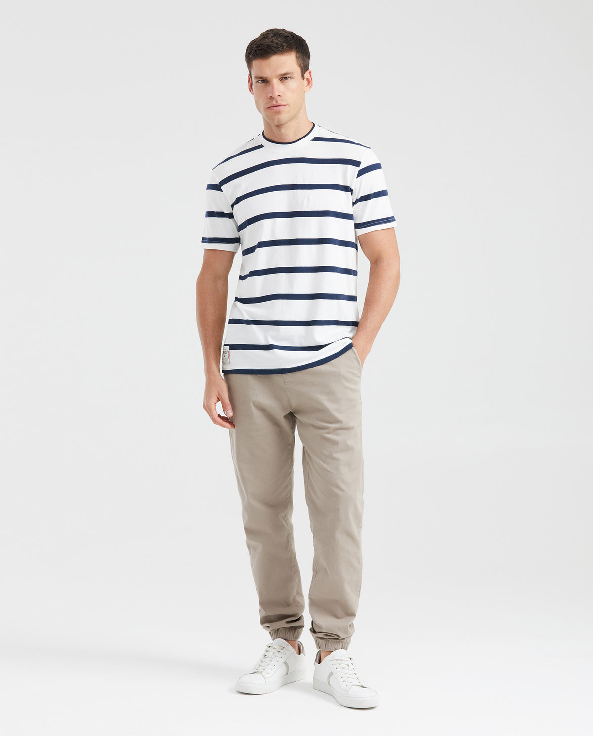 Men's Classic Fit Striped T-Shirt Knit Neck Embroidered Details in Cotton - 6